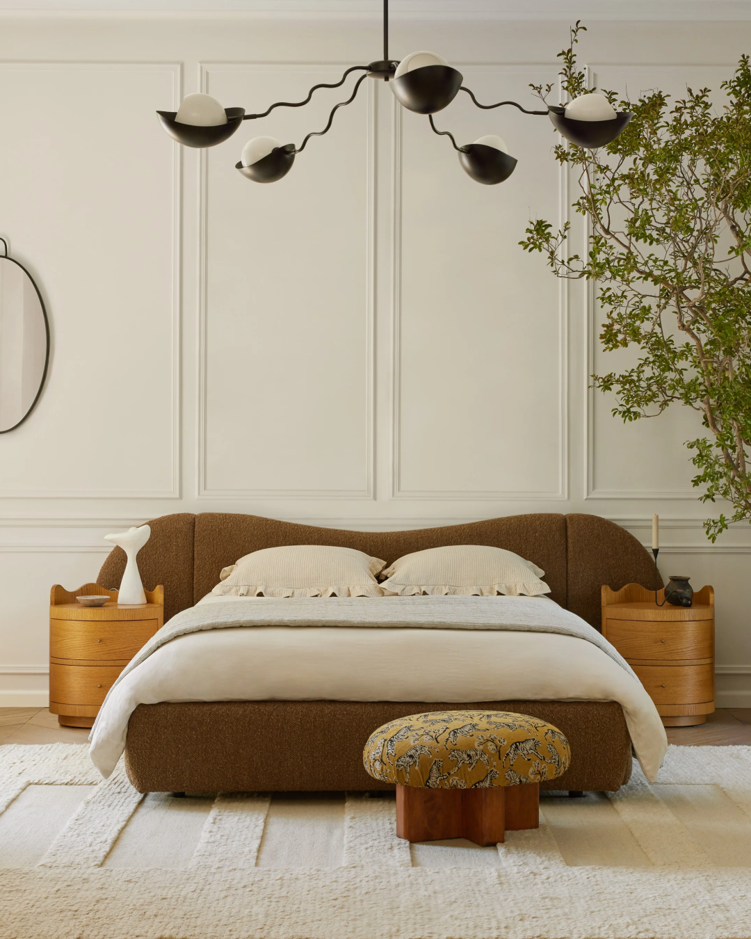Ashford organic shape low profile bed styled in cream panelled room