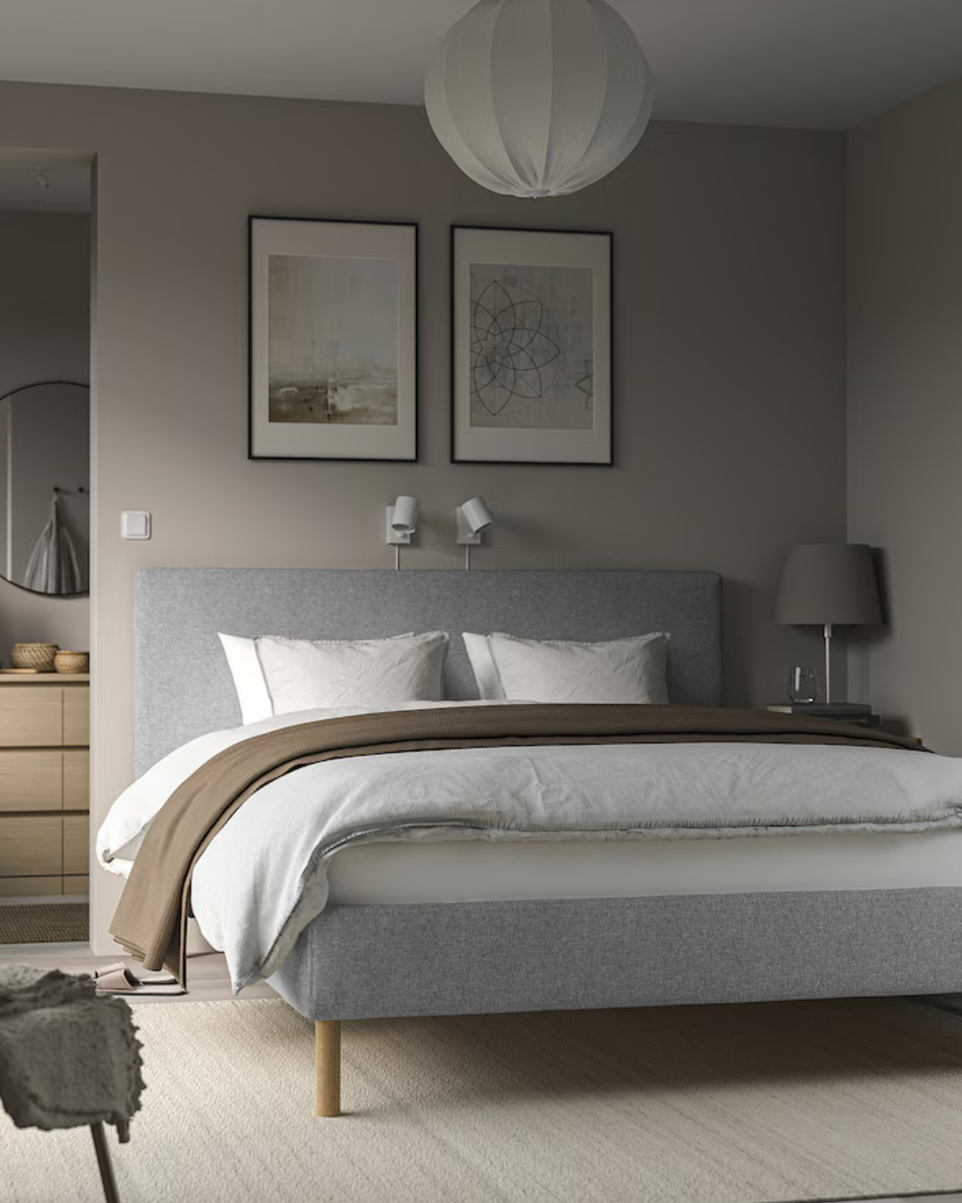 Front room view of Dunhill slim low profile wooden leg bed in grey fabric