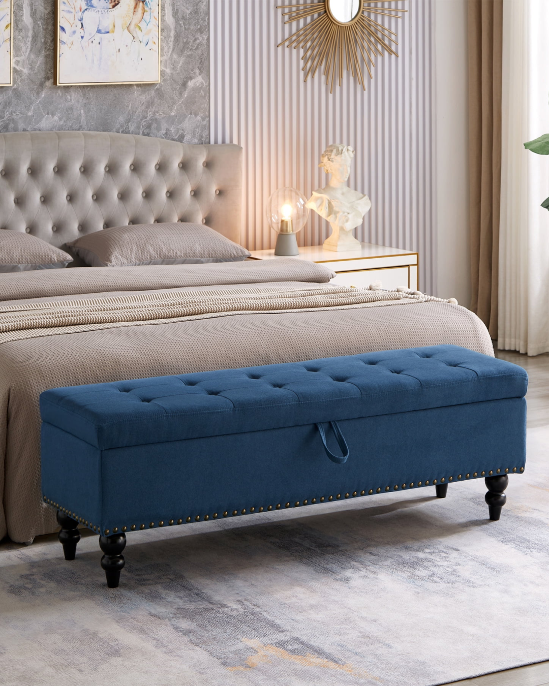 Front angled view of Dunmarch deep button tufted ottoman box