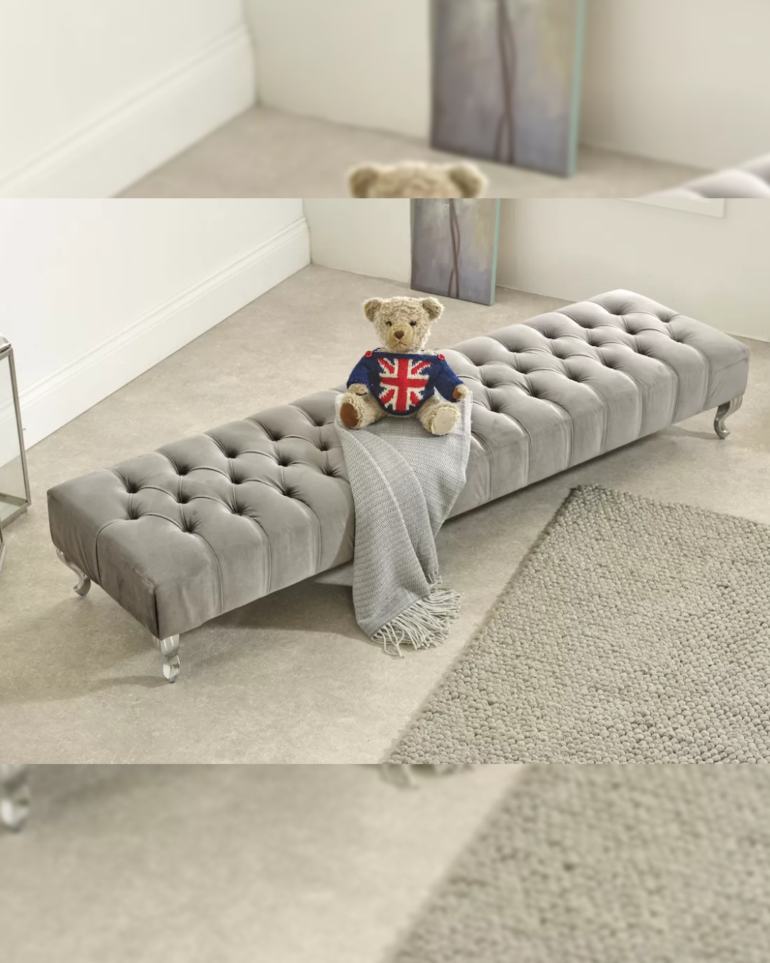 Angled top view of Dunmoor footstool showing full buttoned seat and clean form