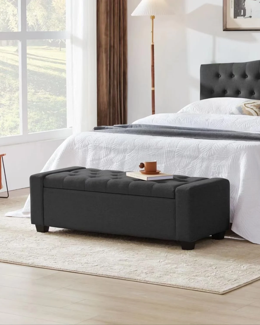 Front view of the Foxford ottoman box in black with closed lid