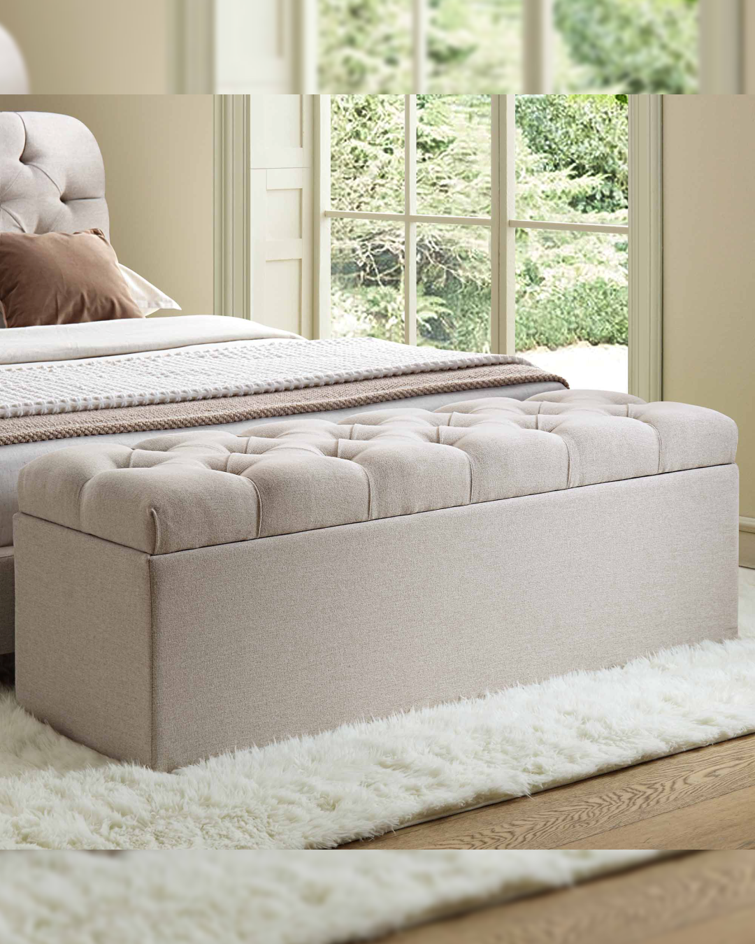 Front view of deep tufted classic ottoman box in neutral fabric