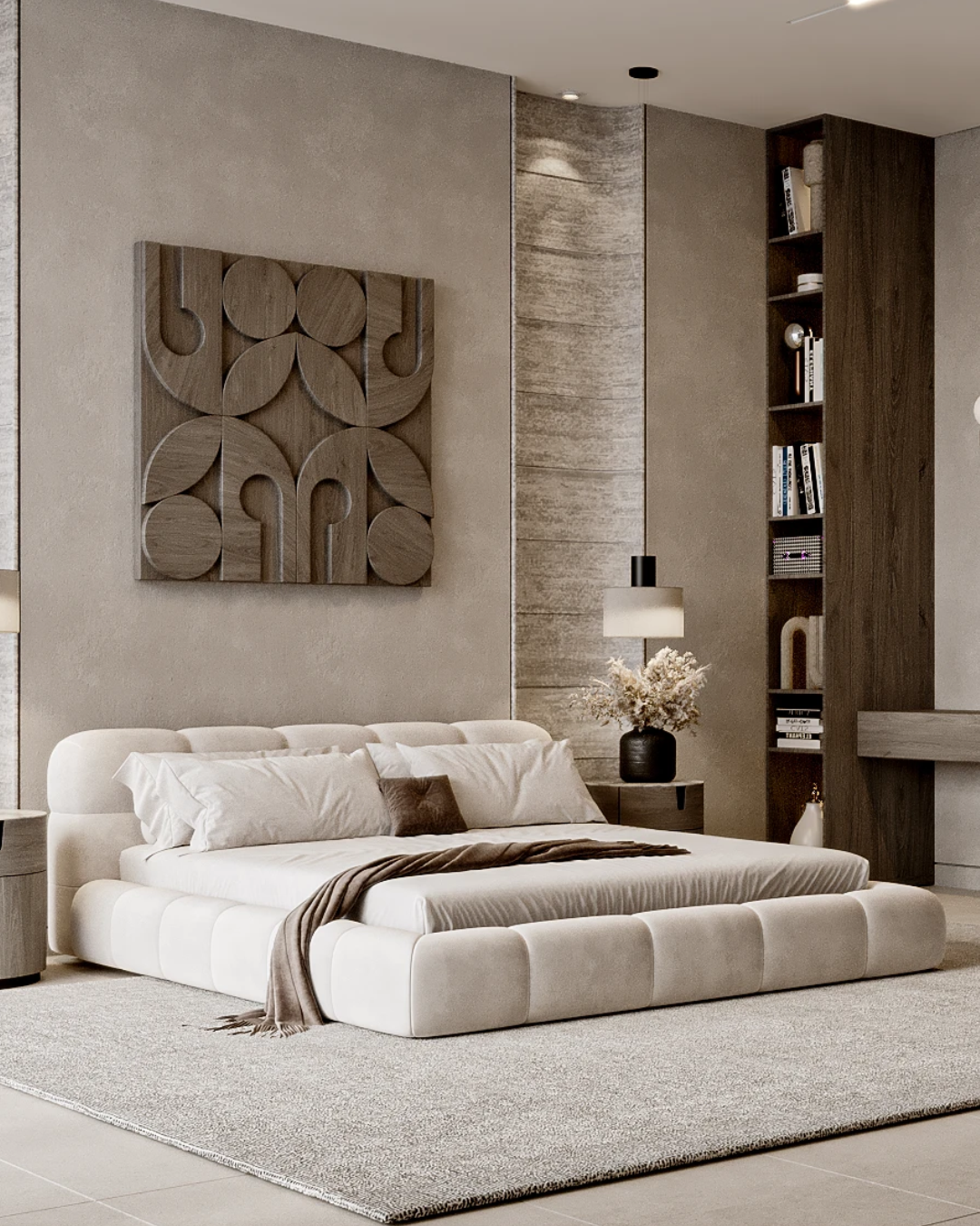 Angled view of Greyhill bed showing minimal boxy design with cushioned platform