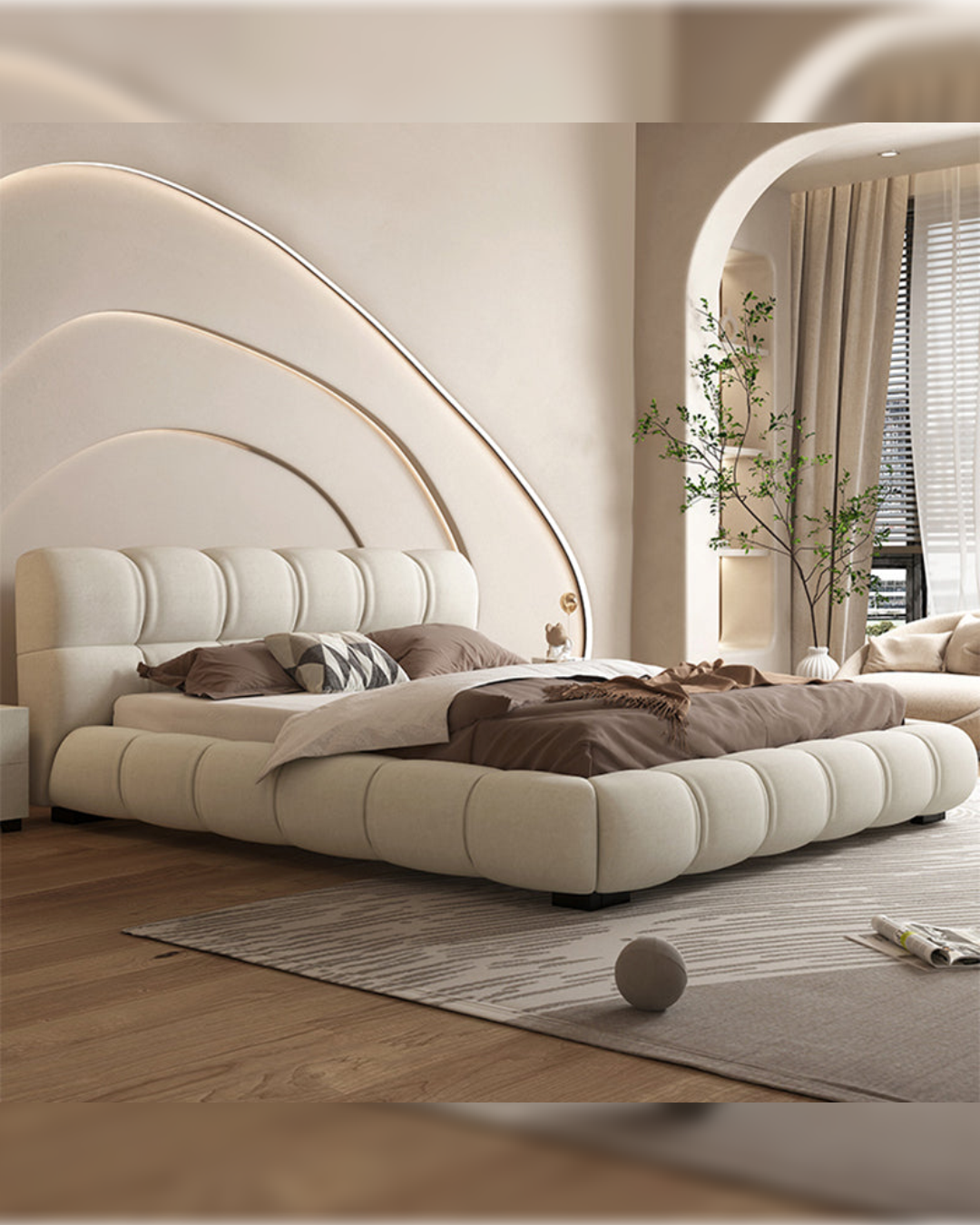 Angled view of the Marbourne sculptural bed with padded contours