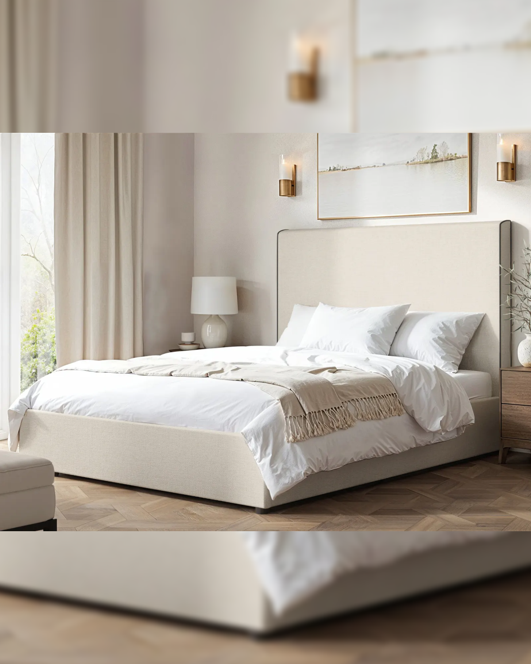 Side view of Marfield bed showing slim padded base and concealed lift-up storage