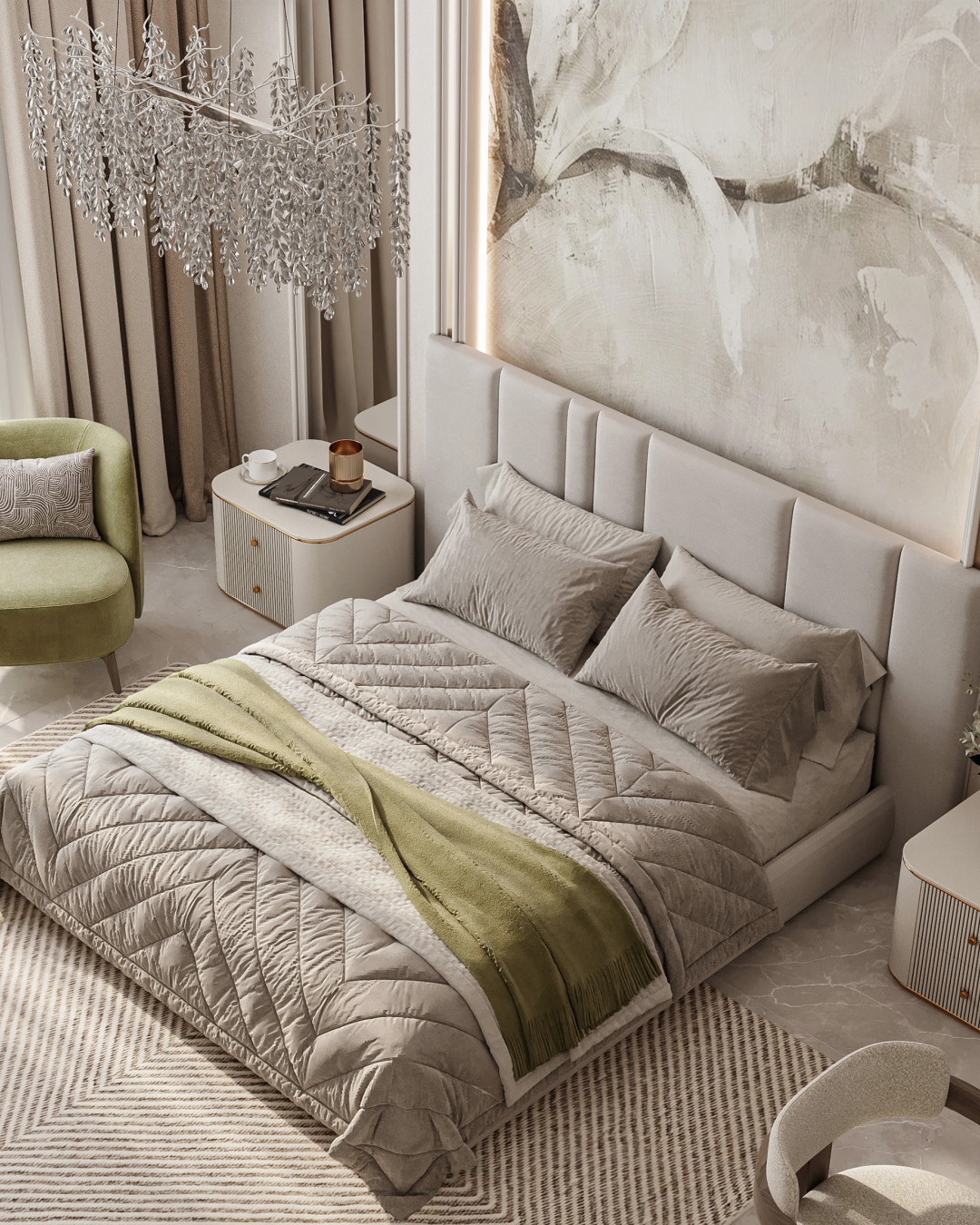 Angled scene highlighting soft fabric and wide panelled backrest