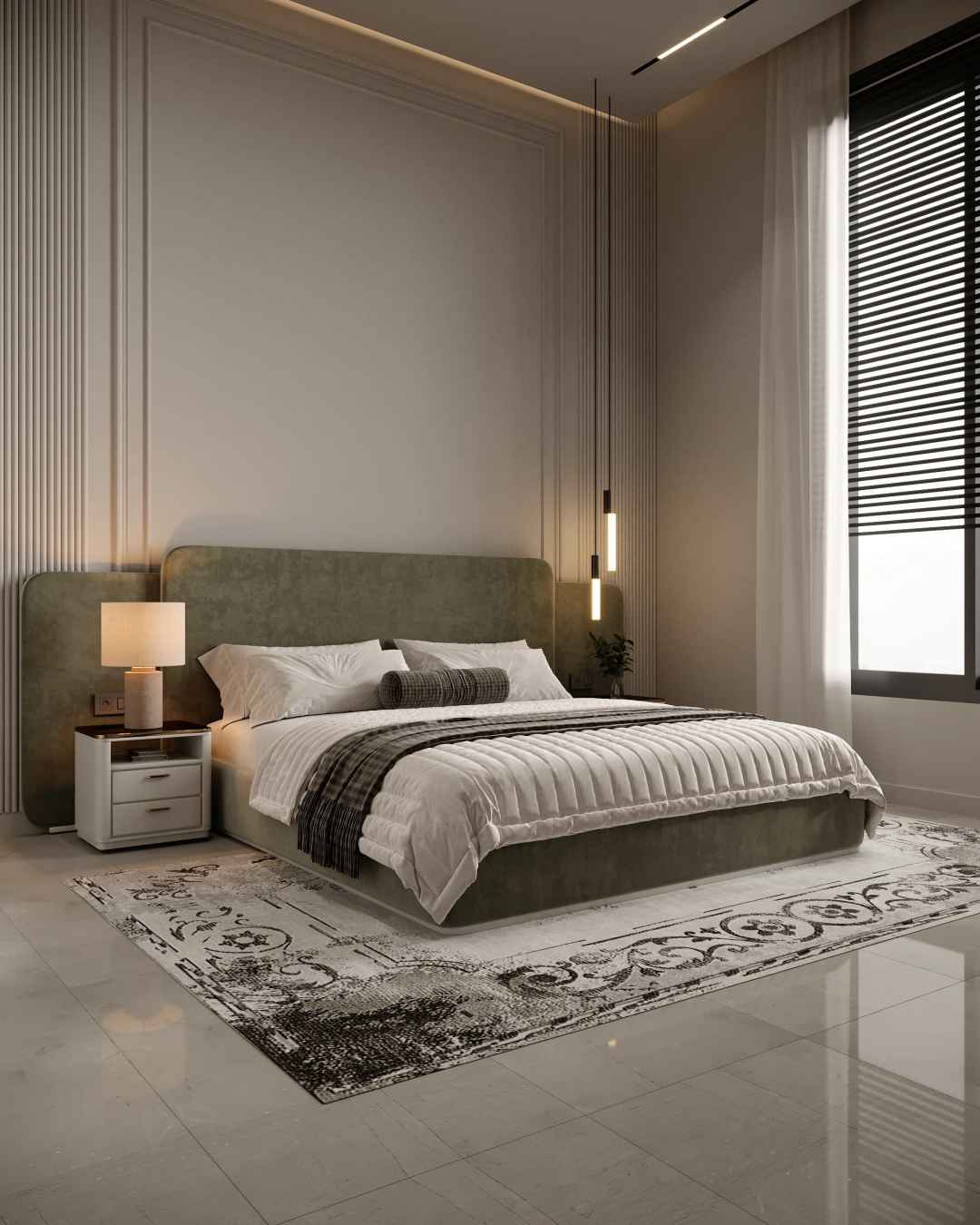 Angled side view of Northhill bed highlighting minimal classic flat panel headboard and integrated low base