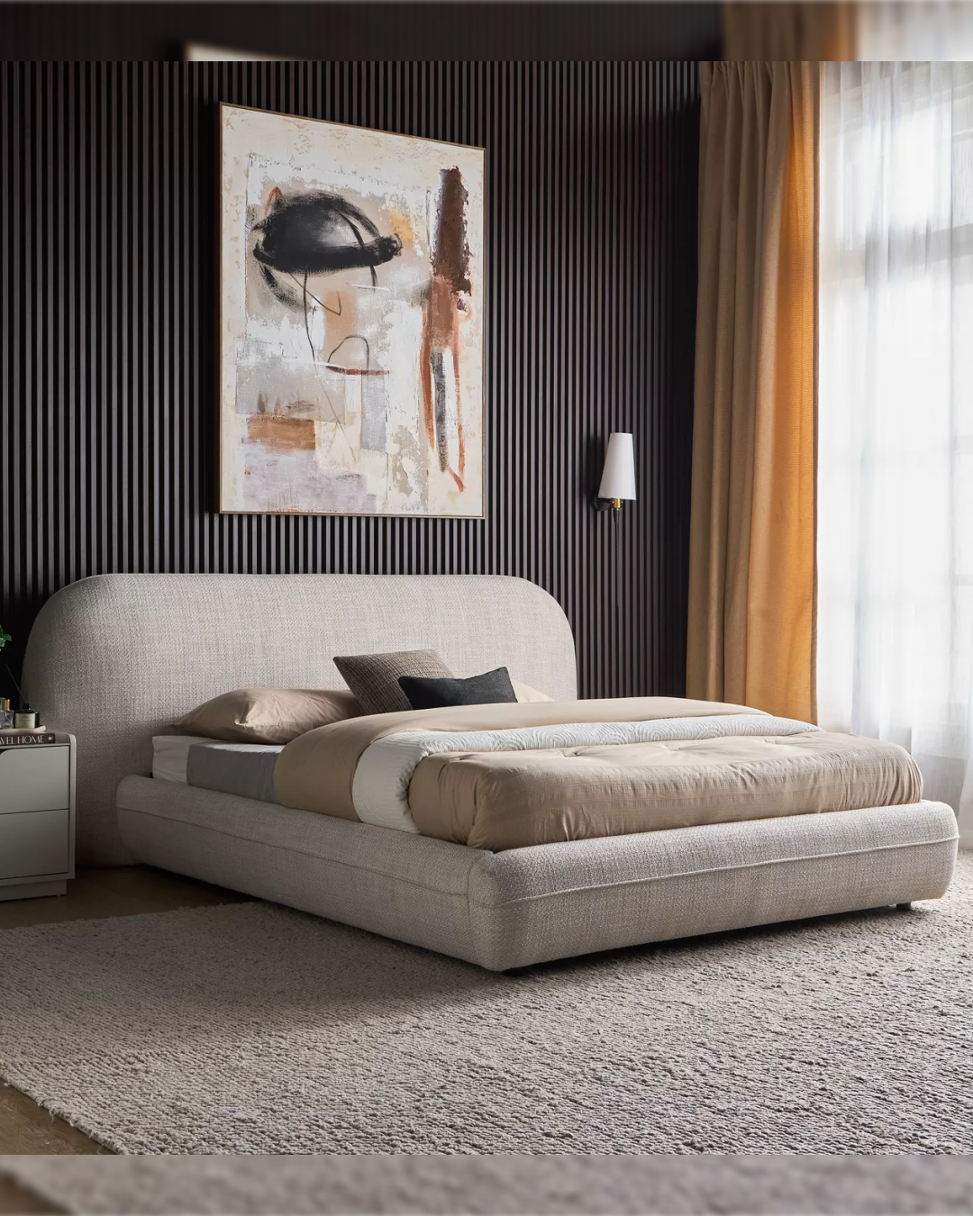 Oakdale bold minimal contour platform bed styled in a modern dark-panelled room