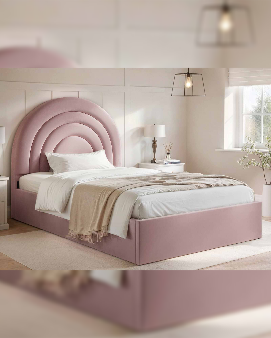 Angled view of Oakford bed showing sculpted triple-arch headboard in baby pink colour