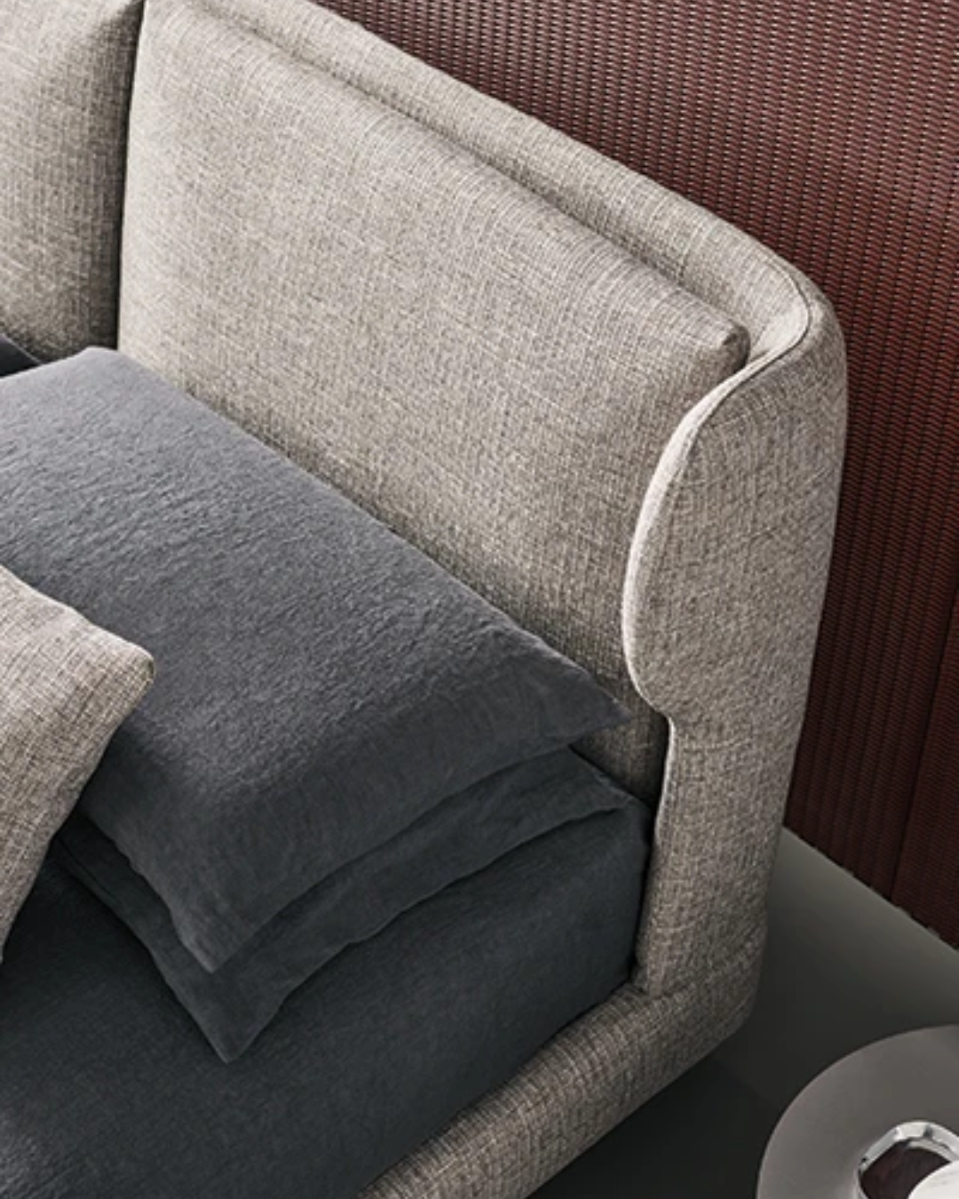 Top view of Silmere headboard curvature and upholstery grain