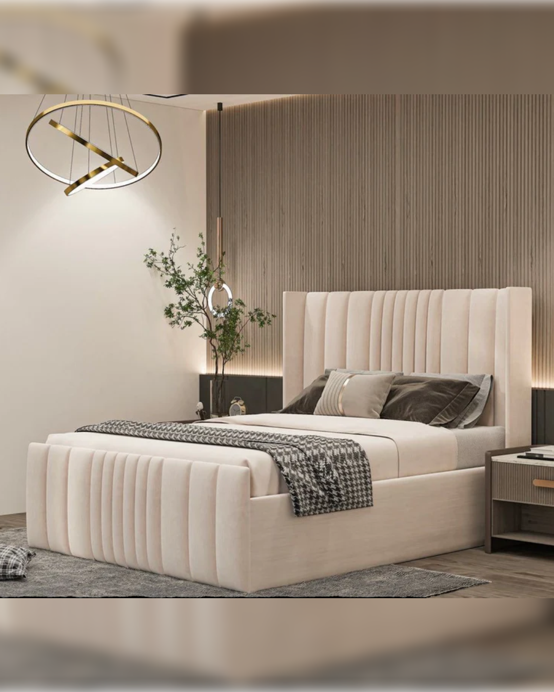 Front view of Thorncroft bold vertical fluted panel bed in cream velvet