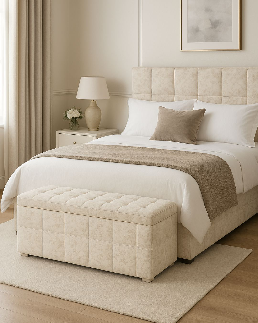 Coordinated ottoman storage box placed with the beige grid stitched bed