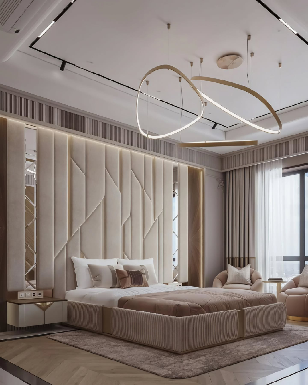 Angled image of the luxury wall headboard mirror bed