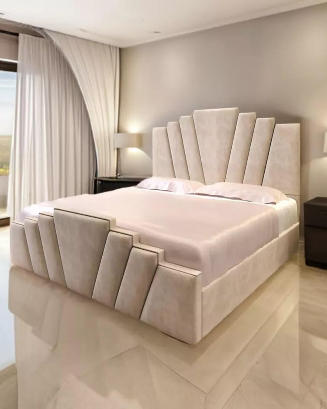 Side angle showing architectural headboard bed with sculpted padding