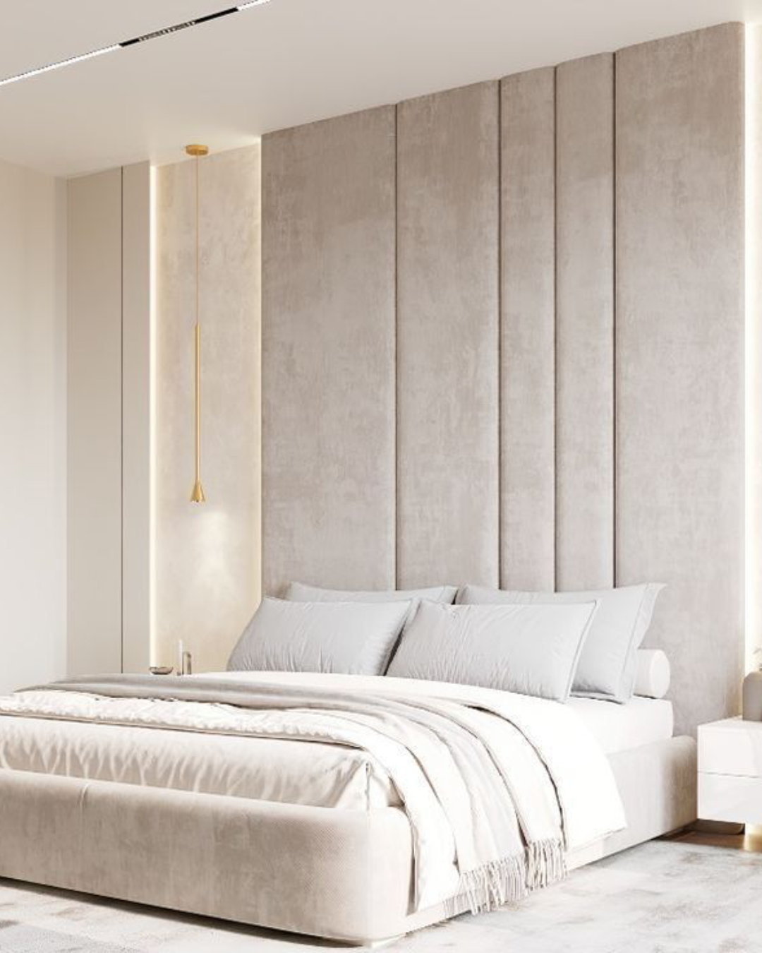 Angled room view featuring the soft neutral velvet bed and tall panels