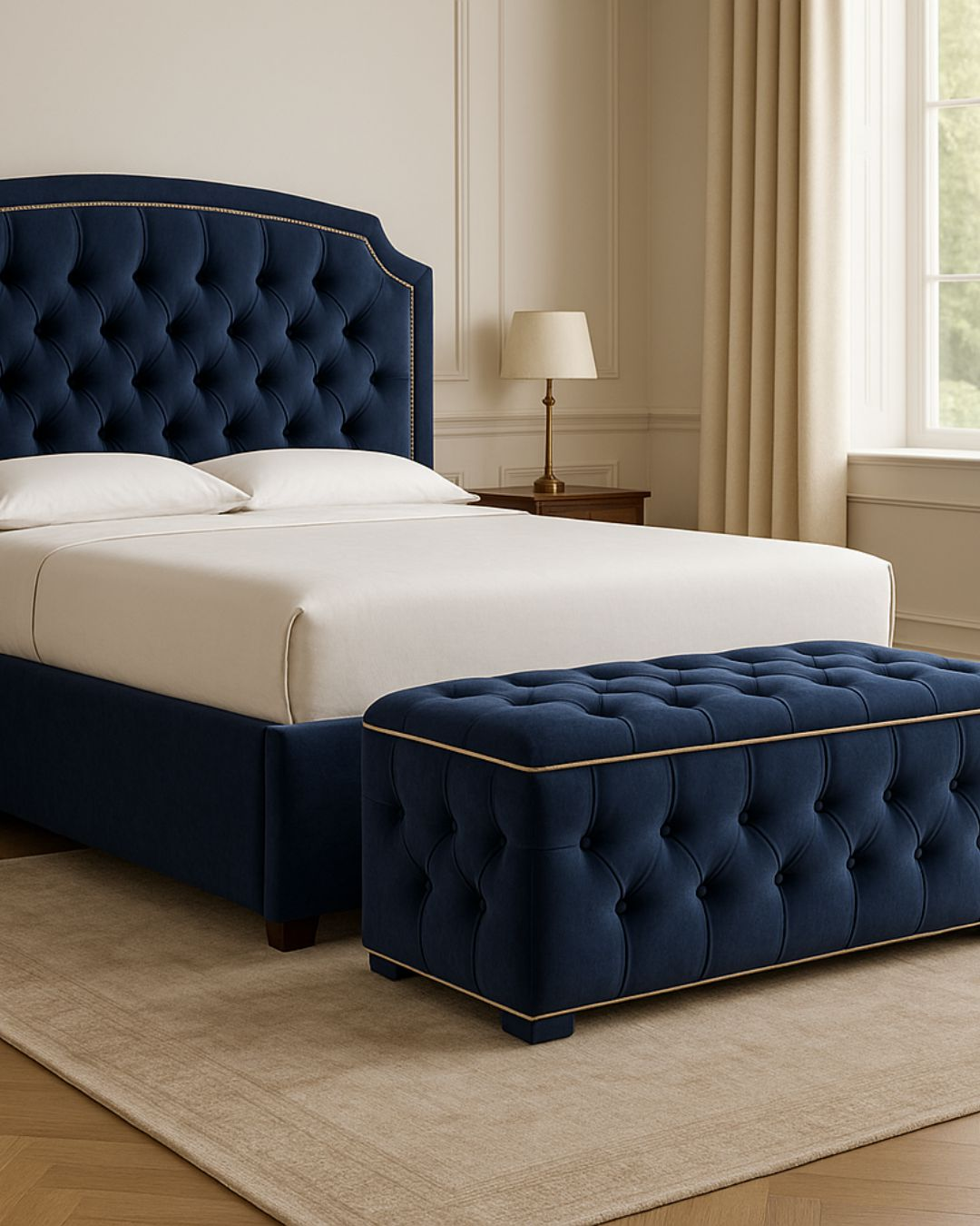 Silstead tufted arched bed displayed with optional matching storage box
