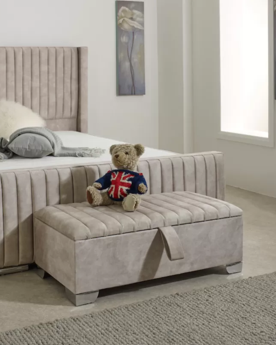 Silvale ottoman box styled with matching bed in bedroom interior with teddy bear accent