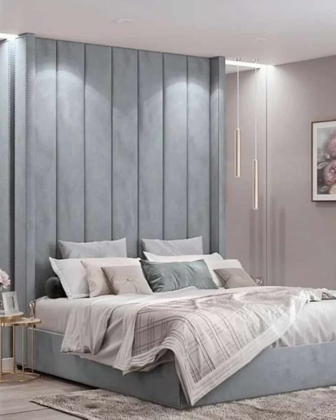 Angled view of the soft grey velvet headboard with structured surround