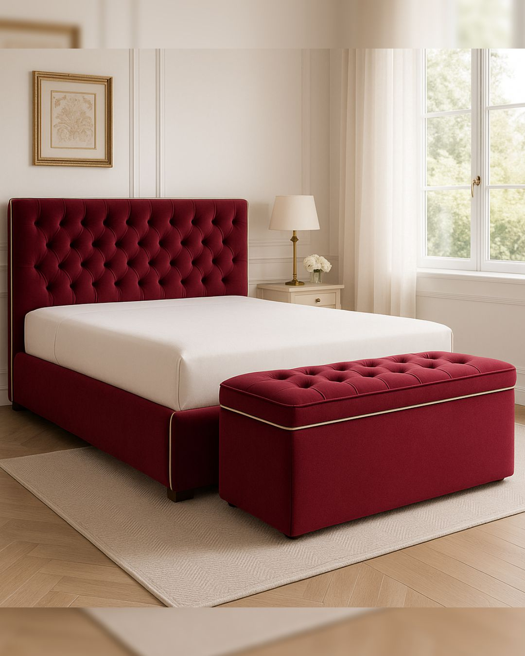 Tufted velvet bed shown with optional matching storage bench