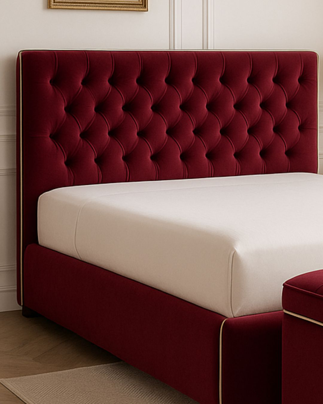 Close-up of button tufting on the handcrafted headboard bed