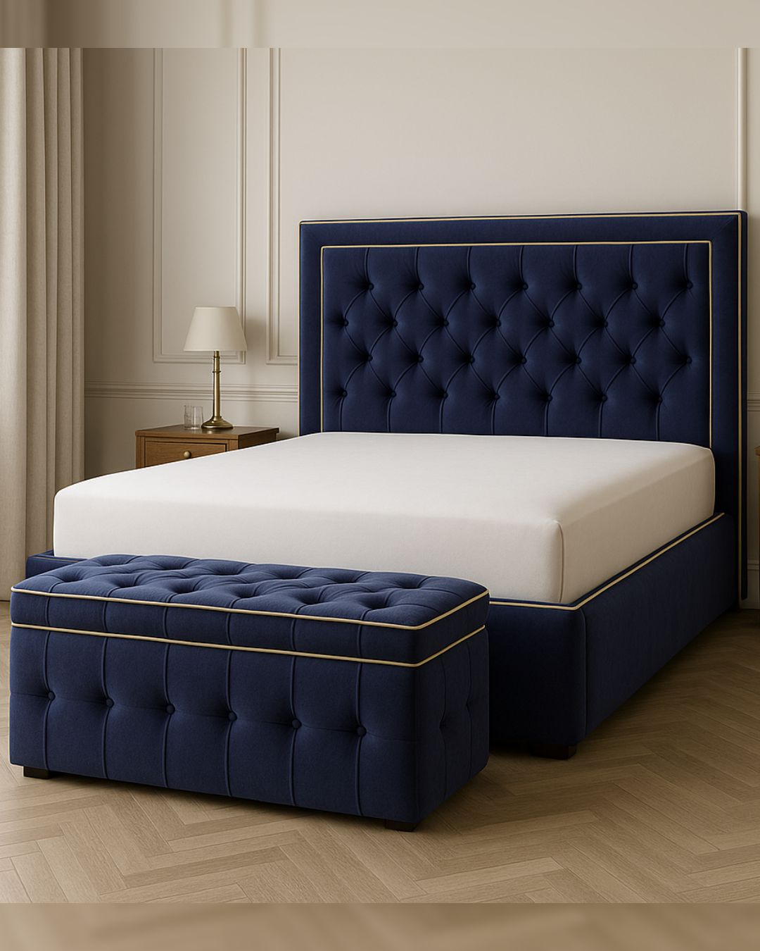Bed with optional velvet bench featuring matching upholstery