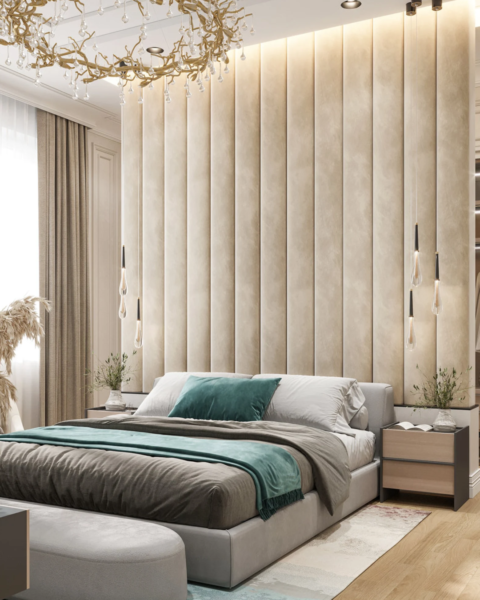 Angled bedroom shot featuring the tall velvet wall bed with pendant lights