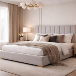 Luxury upholstered bed in a calm bedroom with soft neutral styling