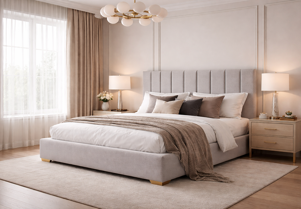 Luxury upholstered bed in a calm bedroom with soft neutral styling