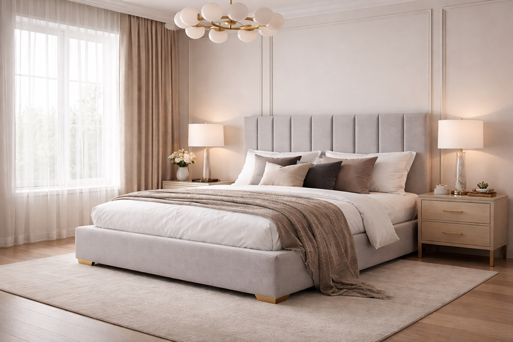 Luxury upholstered bed in a calm bedroom with soft neutral styling