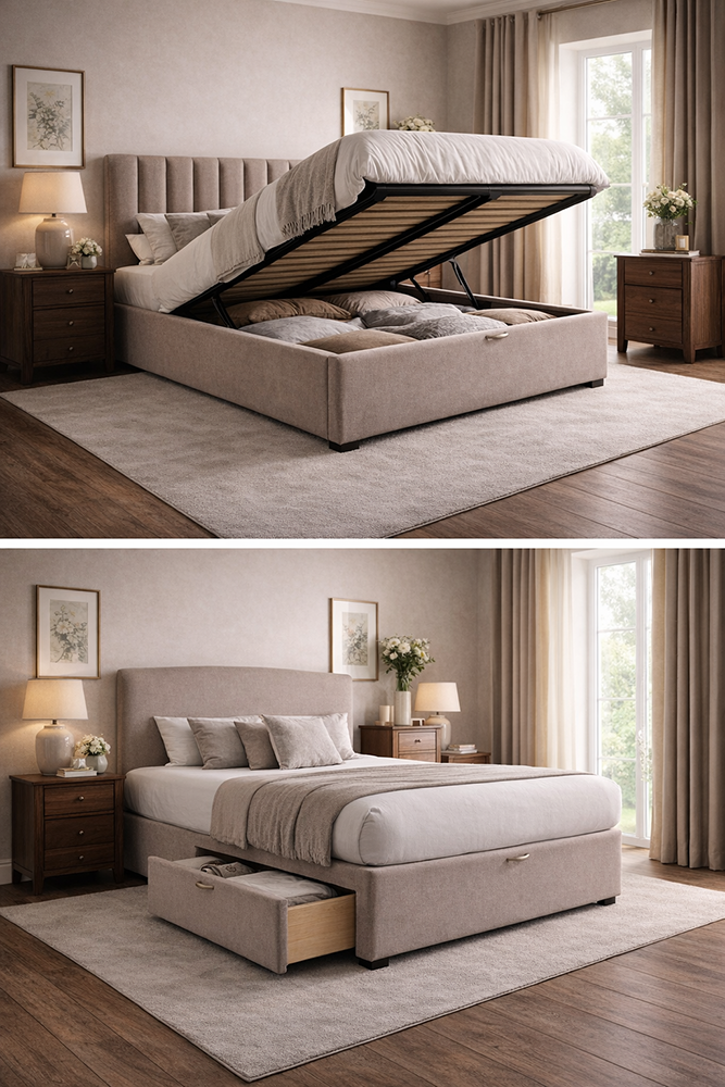 Comparison of an ottoman storage bed and a divan bed with drawers in a calm bedroom setting