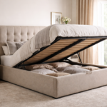 Ottoman storage bed in a calm bedroom with lift-up base and hidden under-bed storage