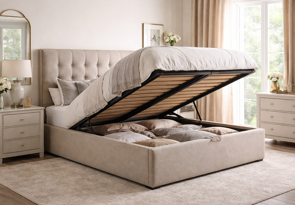 Ottoman storage bed in a calm bedroom with lift-up base and hidden under-bed storage