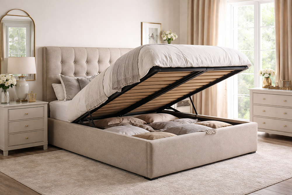 Ottoman storage bed in a calm bedroom with lift-up base and hidden under-bed storage