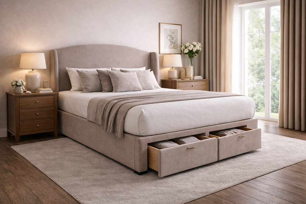 Upholstered storage bed with two front drawers in a calm neutral bedroom, showing practical built-in storage without sacrificing a luxurious look