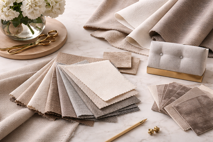 Fabric samples for a bespoke upholstered bed in soft neutral shades